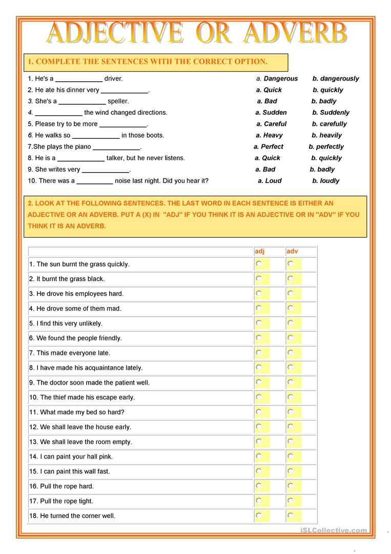 86 Free Esl Adjective Adverb Worksheets