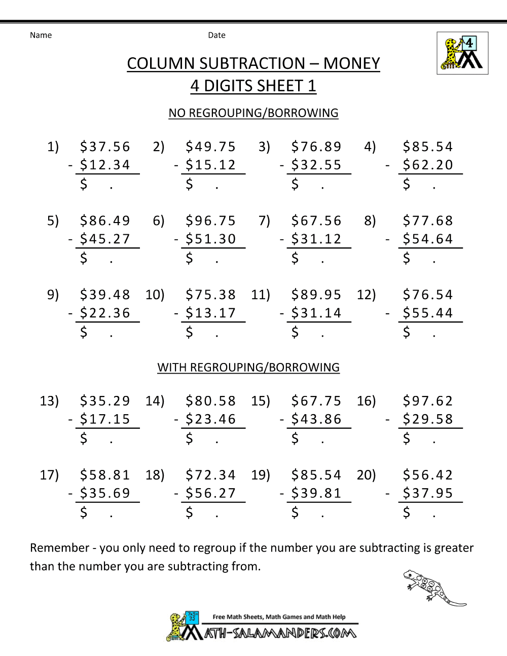 Add And Subtract Money Worksheets 5th Grade