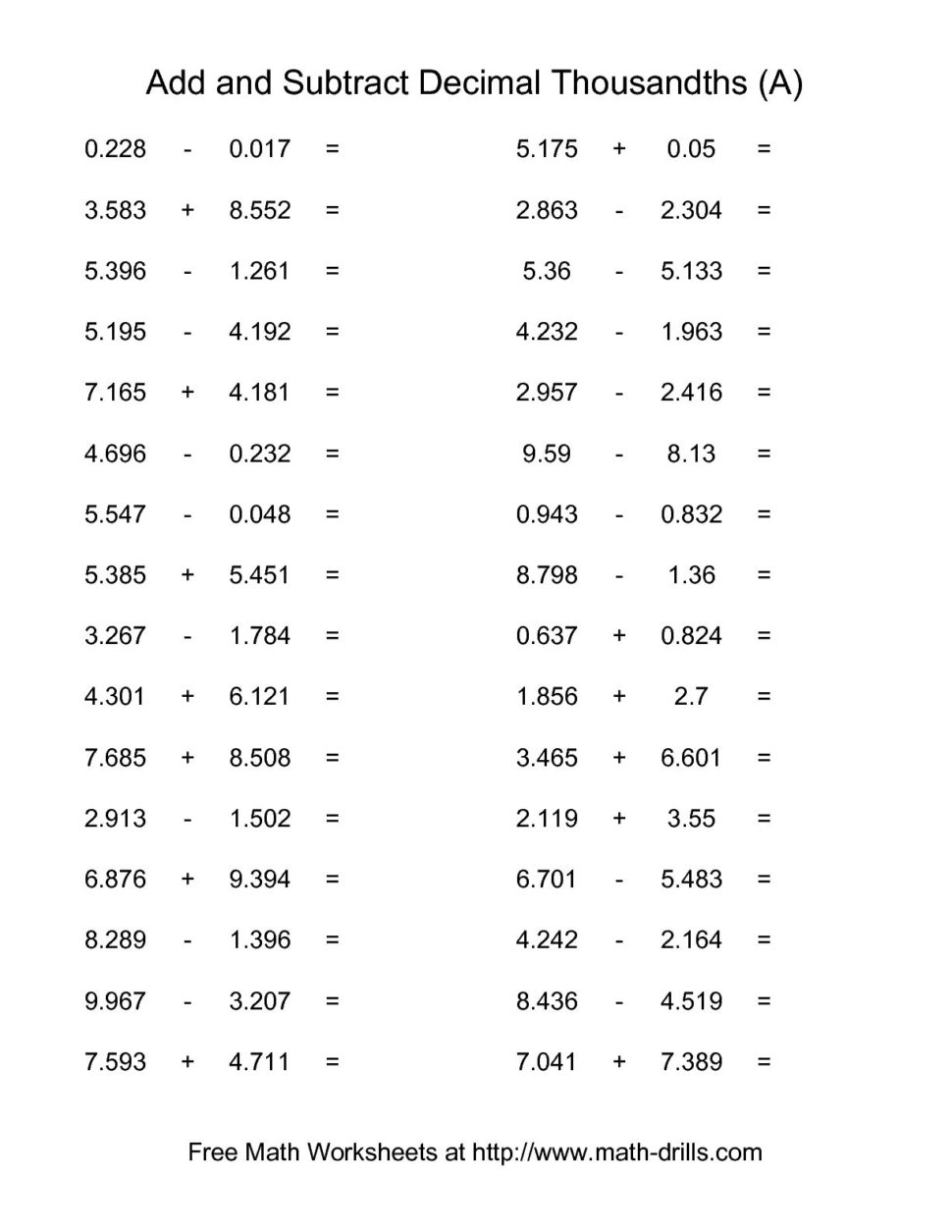 Adding And Subtracting Decimals Worksheets Pdf Worksheets For