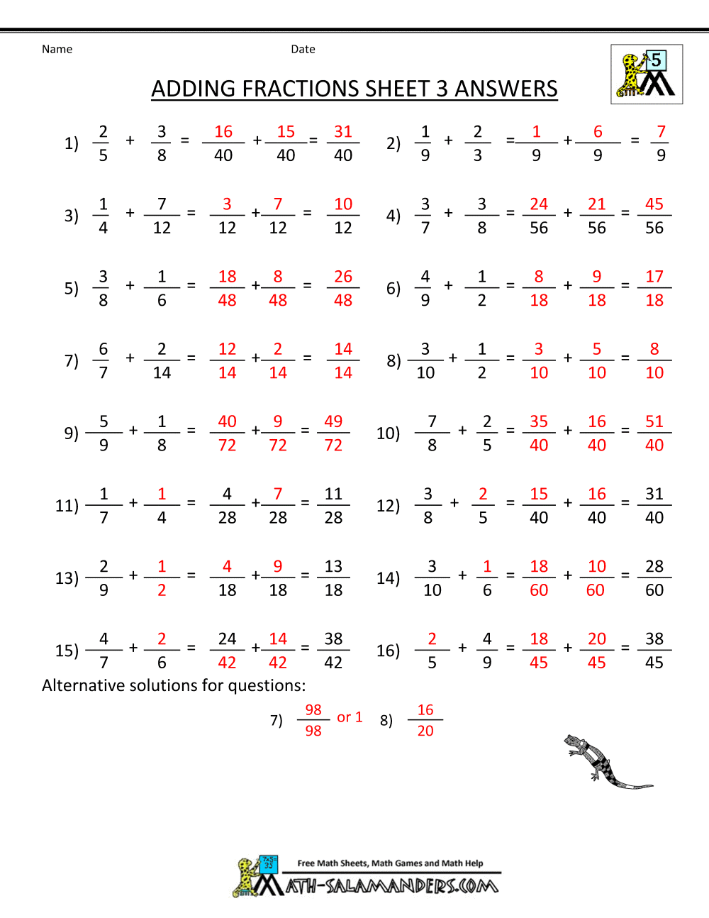 Adding Subtracting Fractions Worksheets