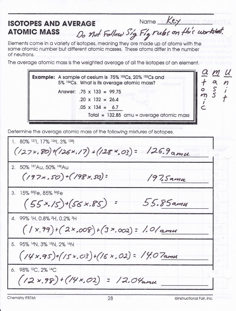 Average Atomic Mass Worksheet Answers