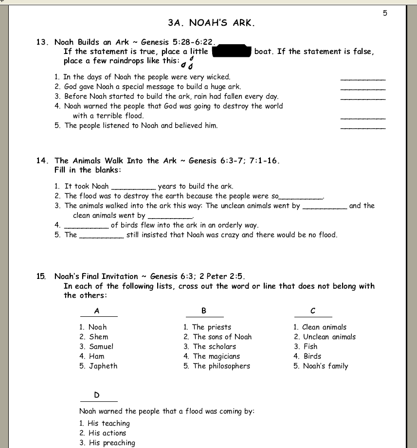 Bible Study Worksheets For Volume 1 Adam And Eve, Noah And The Ark