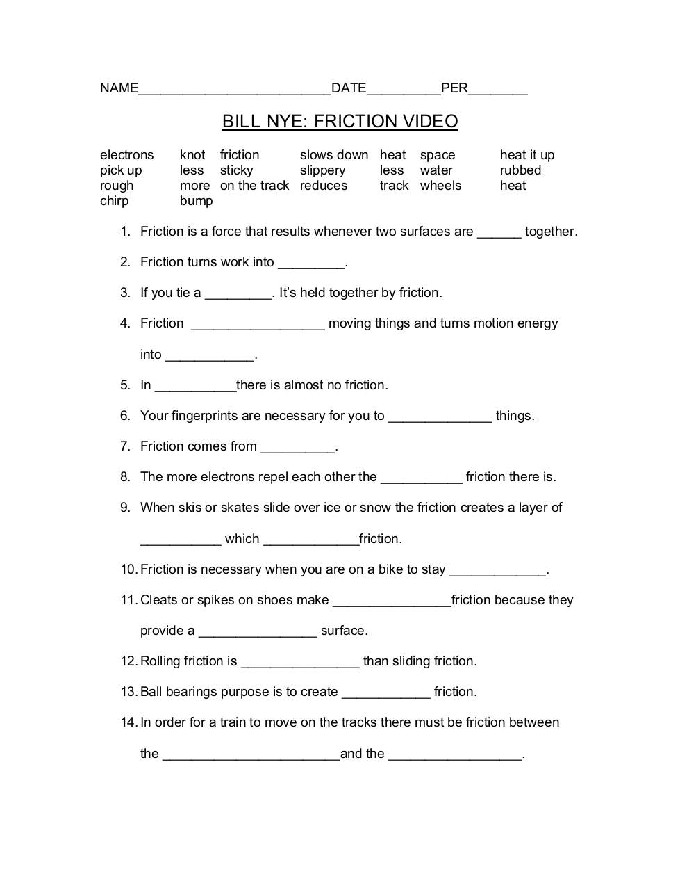 Friction Worksheet - Shefalitayal Pertaining To Bill Nye Motion Worksheet