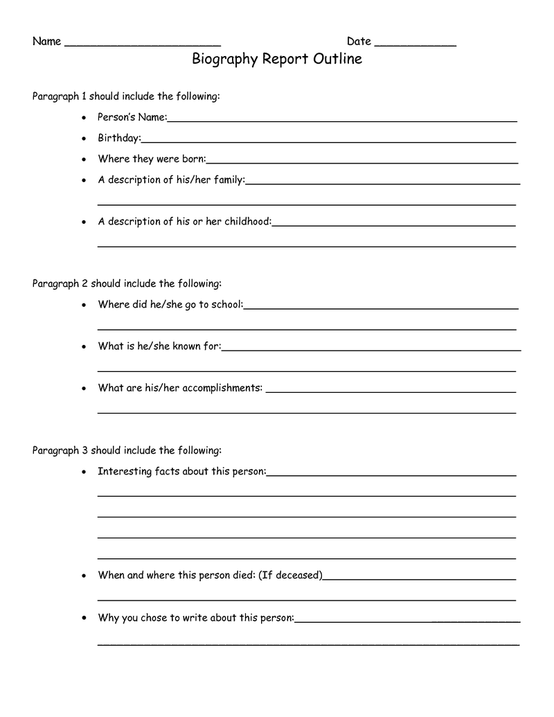 Biography Report Outline Worksheet