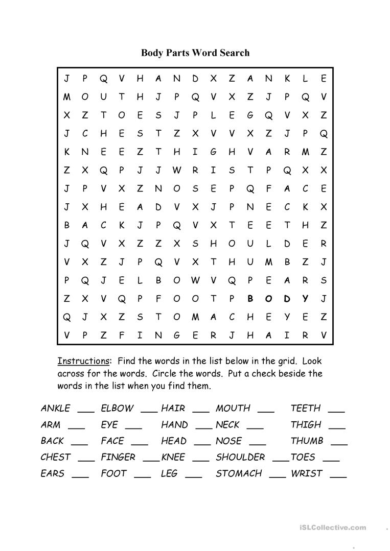 Body Parts Word Search Puzzle