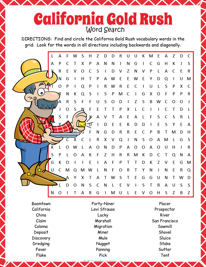 California Gold Rush Word Search Puzzle