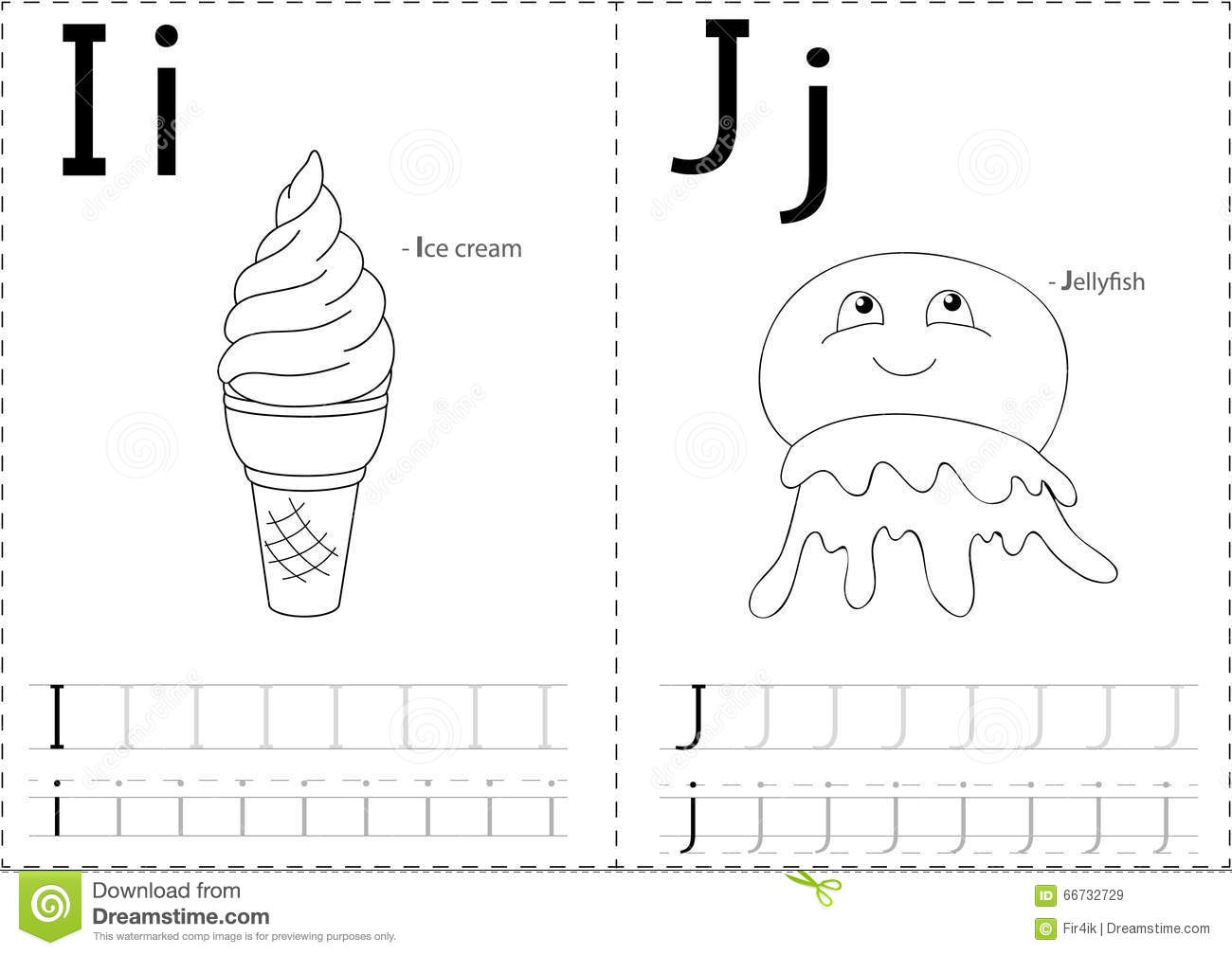 Cartoon Ice Cream And Jellyfish  Alphabet Tracing Worksheet  Wri