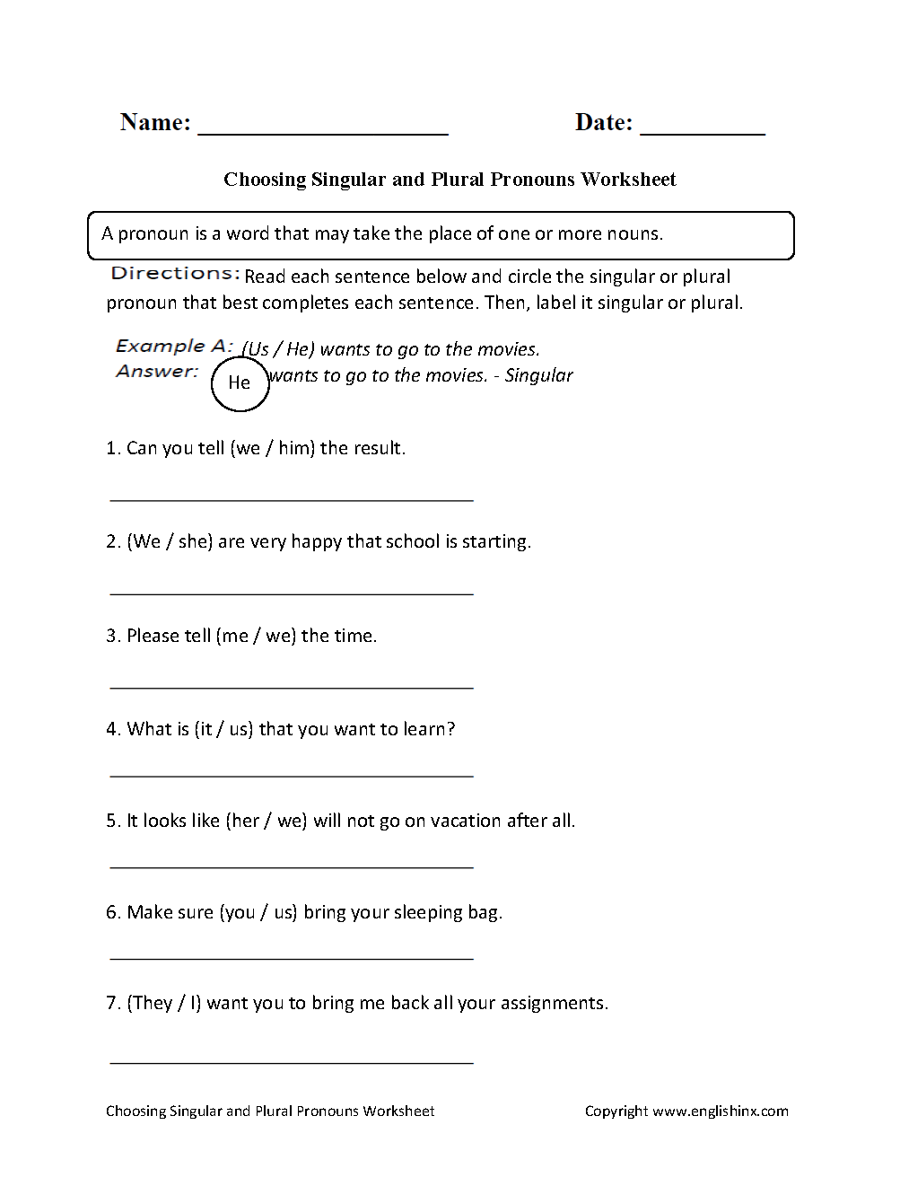 Choosing Singular Or Plural Pronouns Worksheet