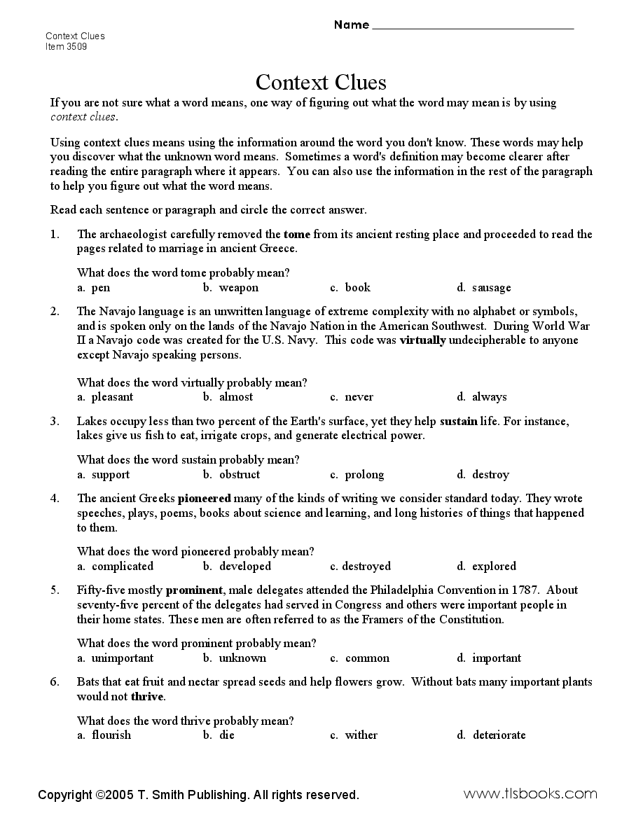 Context Clues Worksheet 5th Grade Worksheets For All