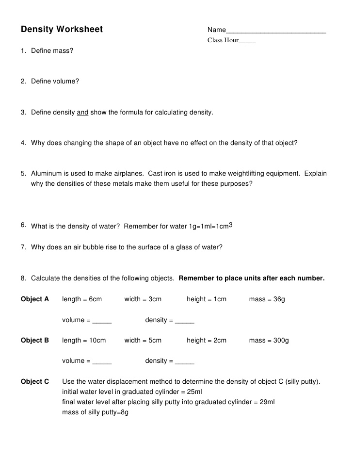 Density Worksheets With Answer Key