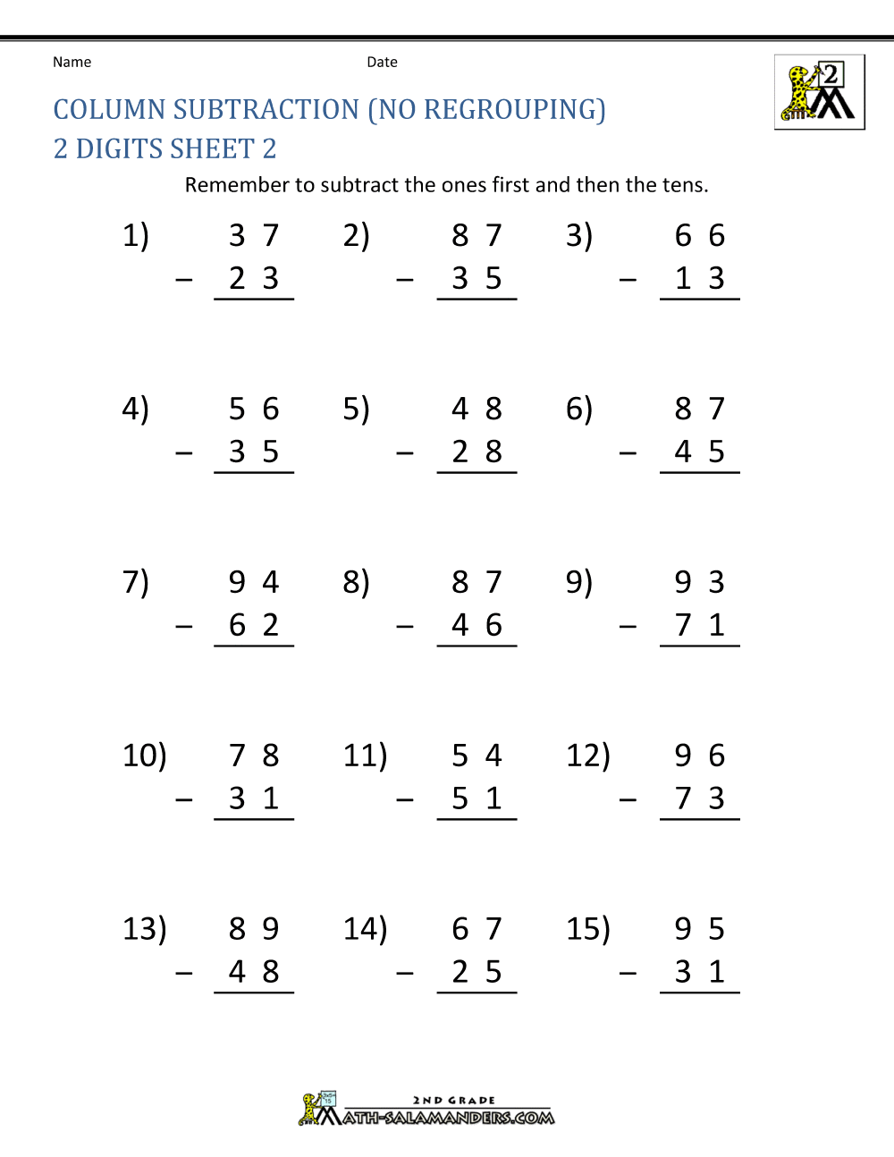 Digit Subtractionts No Regrouping Without Digits Free With