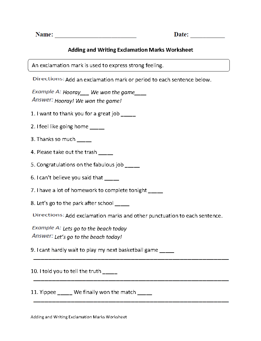 Exclamation Marks Worksheets