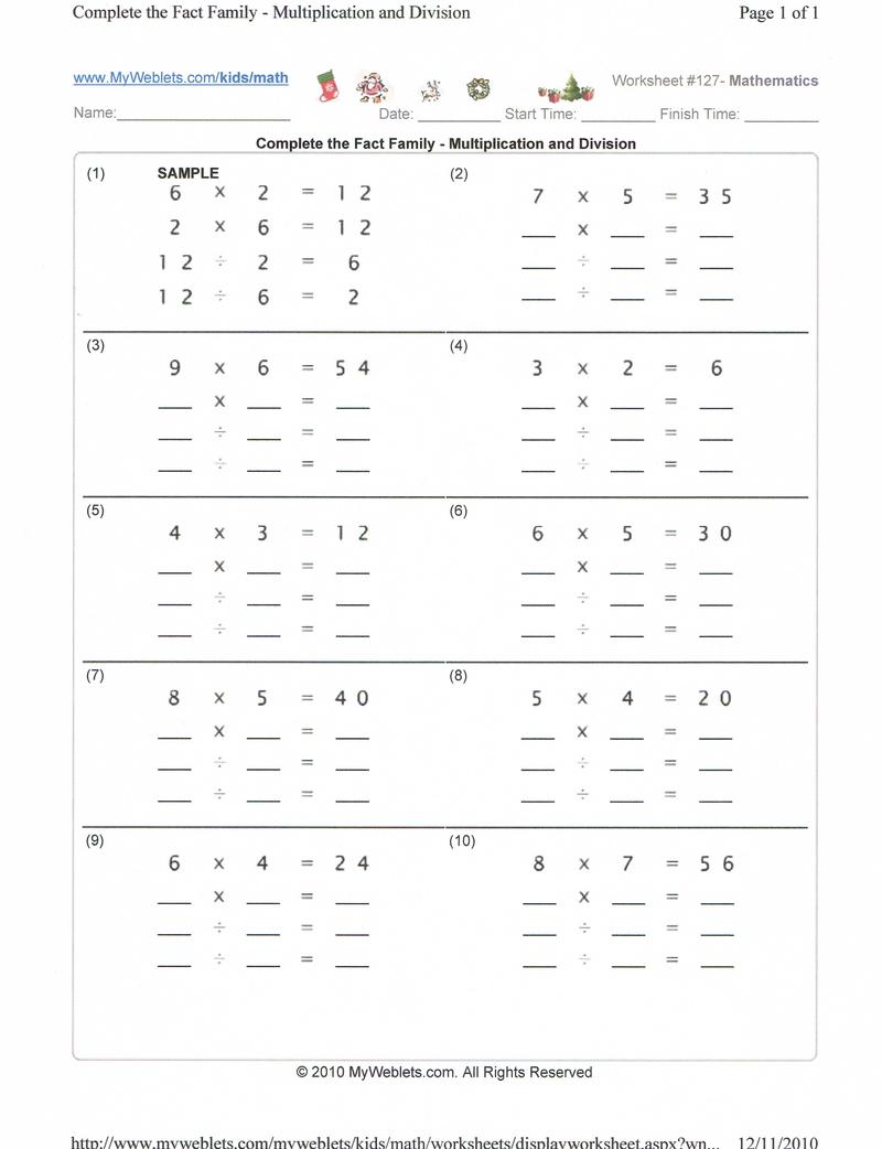 Fact Family Multiplication Worksheets Math And Division Printable