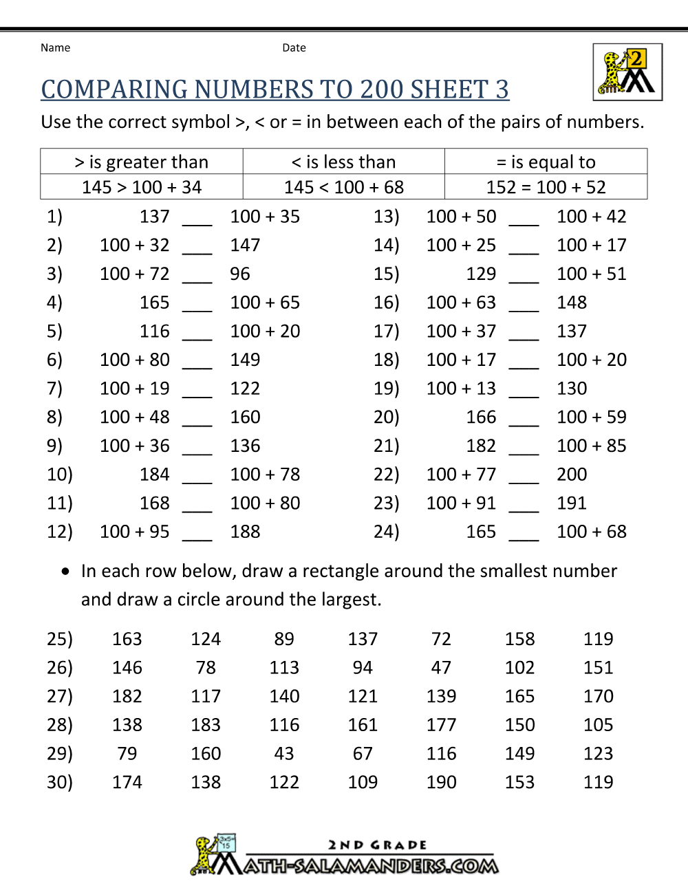 Free Math Worksheets 2nd Grade Comparing To 200 3