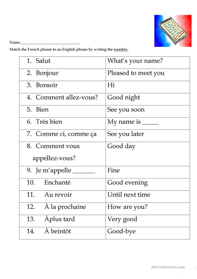French Greetings Match Worksheet