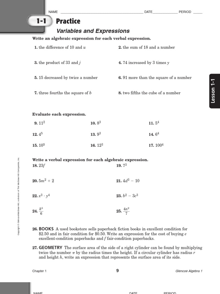 Glencoe Algebra 1 Worksheet Worksheets For All