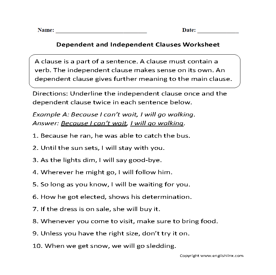 Ideas Of Dependent And Independent Clauses Worksheets 5th Grade