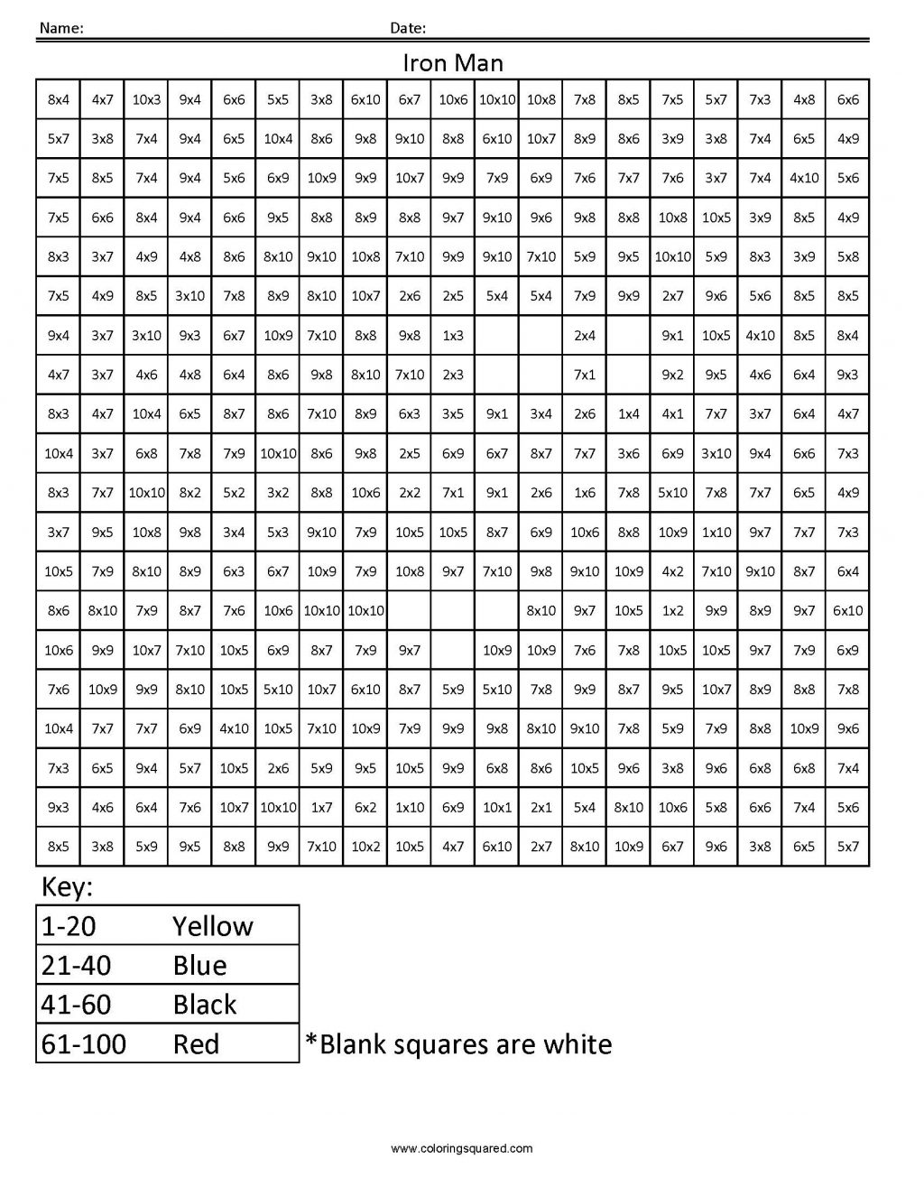Iron Man Advanced Multiplication Coloring Squared Math