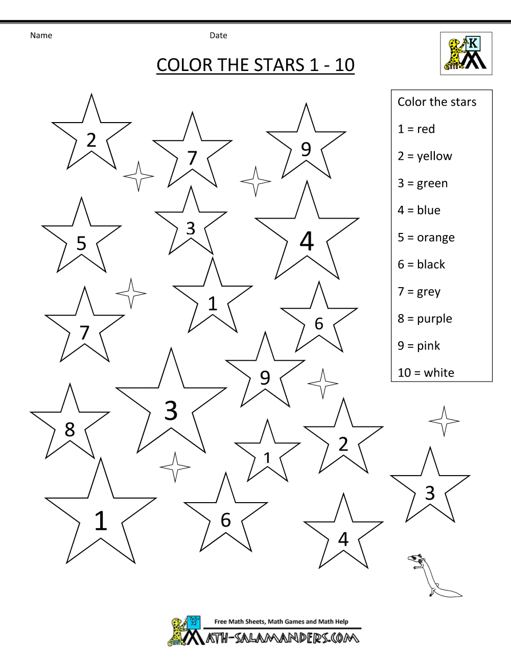Kindergarden Math Worksheets Color In 1 10 The Stars Gif