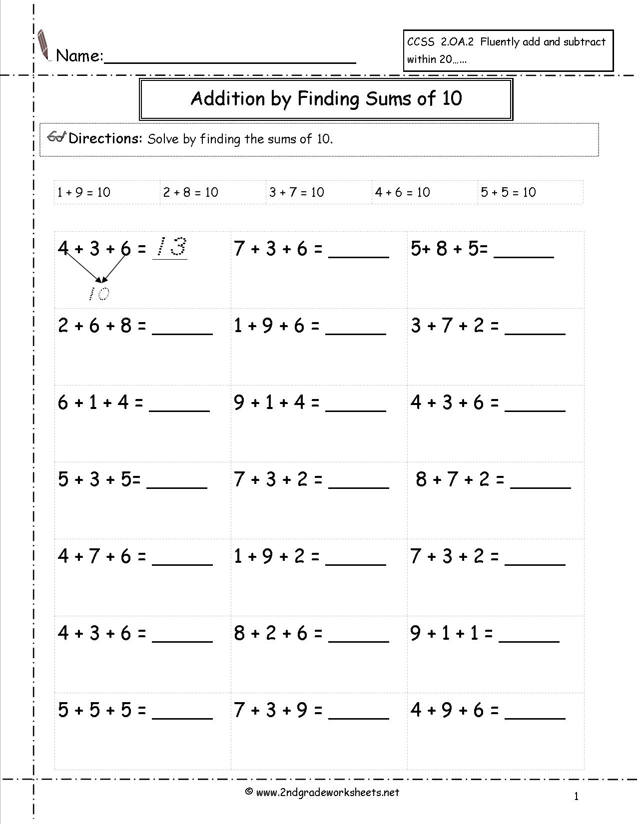 Kindergarten Sums Of Ten Addition Worksheet