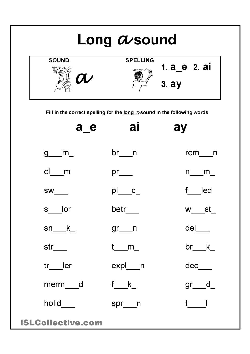 Long A Vowel Sound Worksheet  'a_e'; 'ai'; & 'ay'