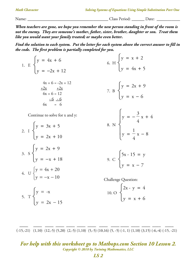 Ls 2  Solving Systems Of Equations Using Simple Substitution Part