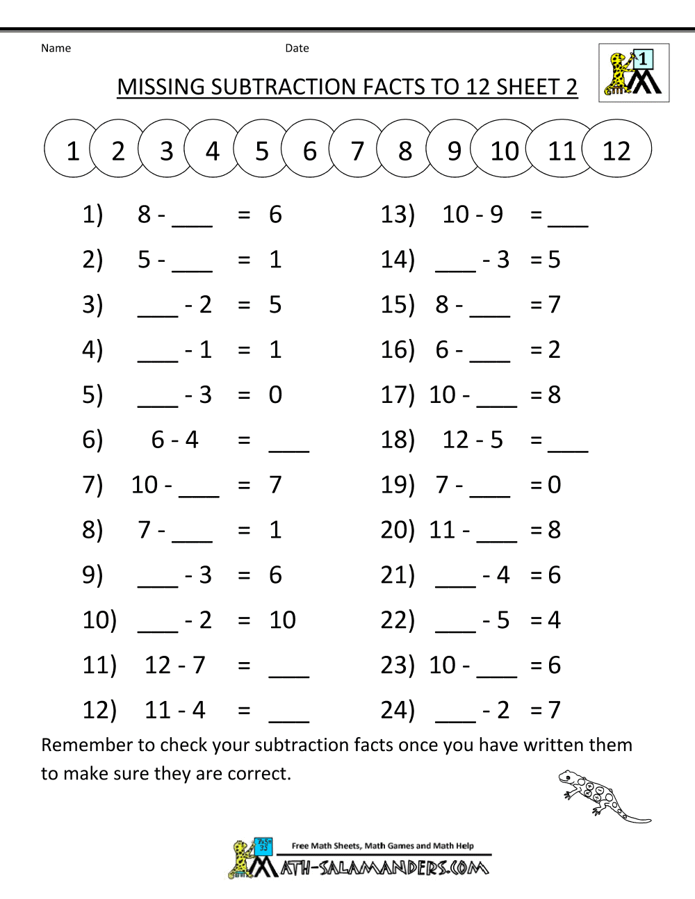 Math Subtraction Worksheets 1st Grade