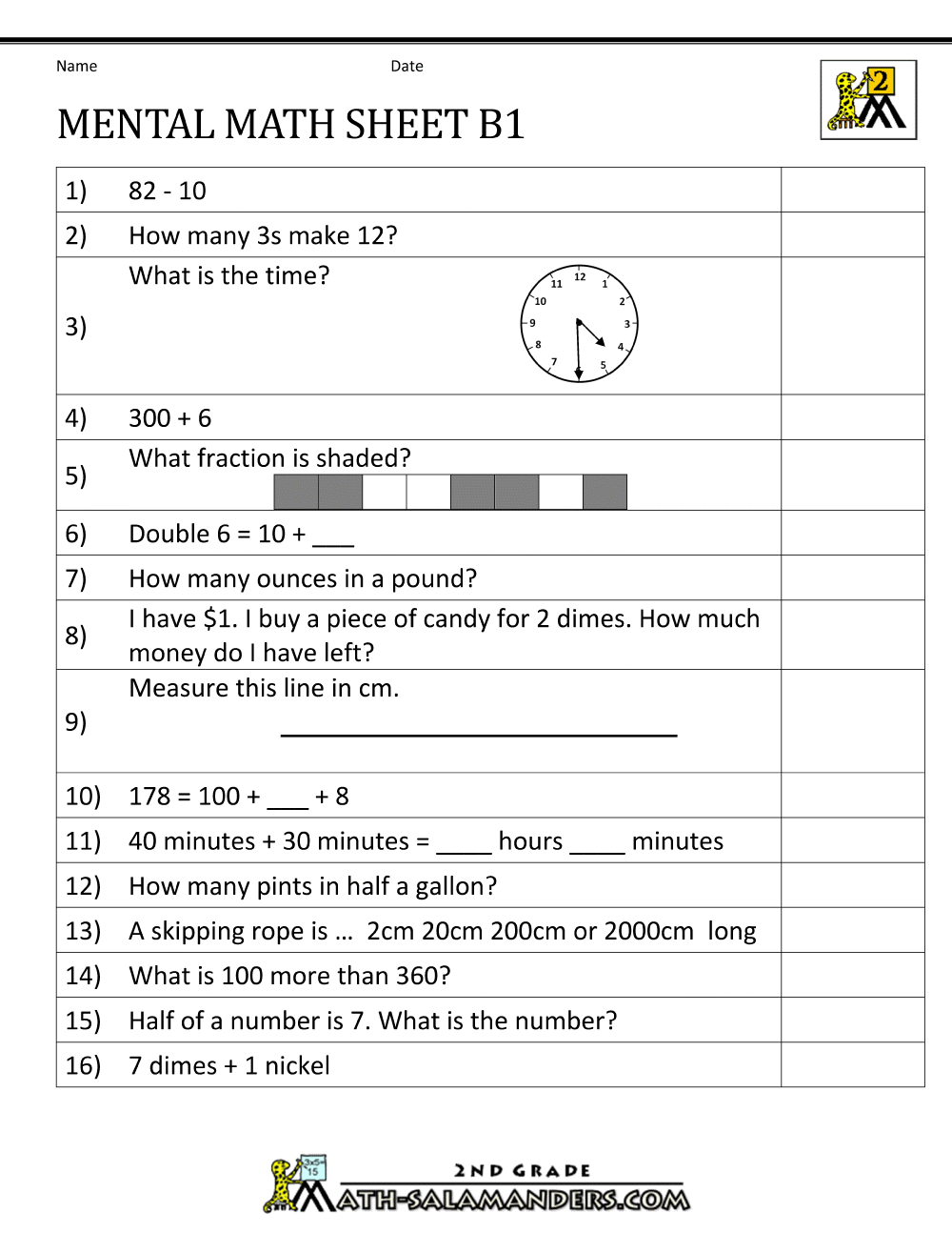 Math Worksheets 2nd Grade Mental Test Maths Quiz Pssa Practicele