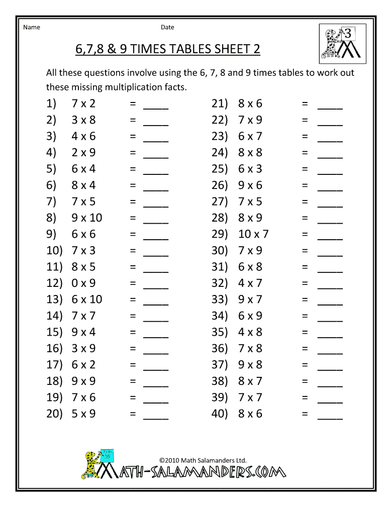 Math Worksheets 3rd Grade Multiplication 2 3 4 5 10 Times Tables 3