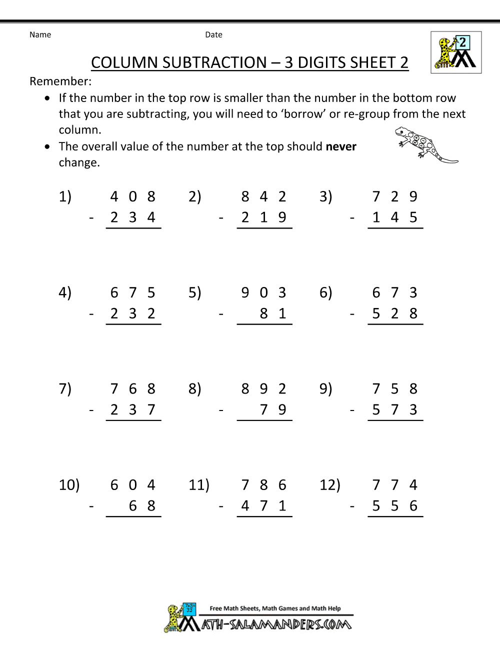 Math Worksheets For 2nd Grade Column Subtraction 3 Digits 2