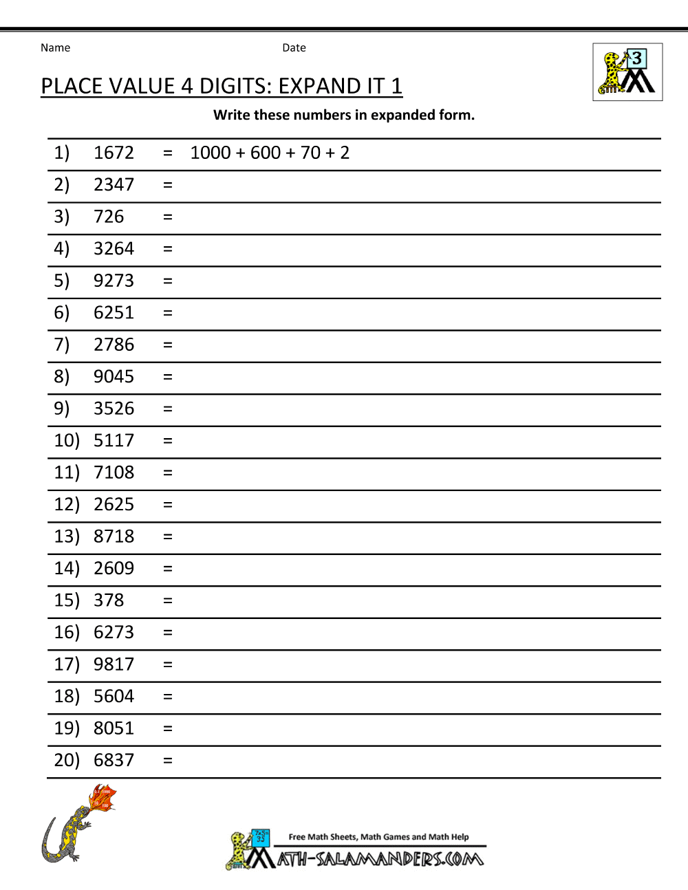 Math Worksheets Place Value 3rd Grade
