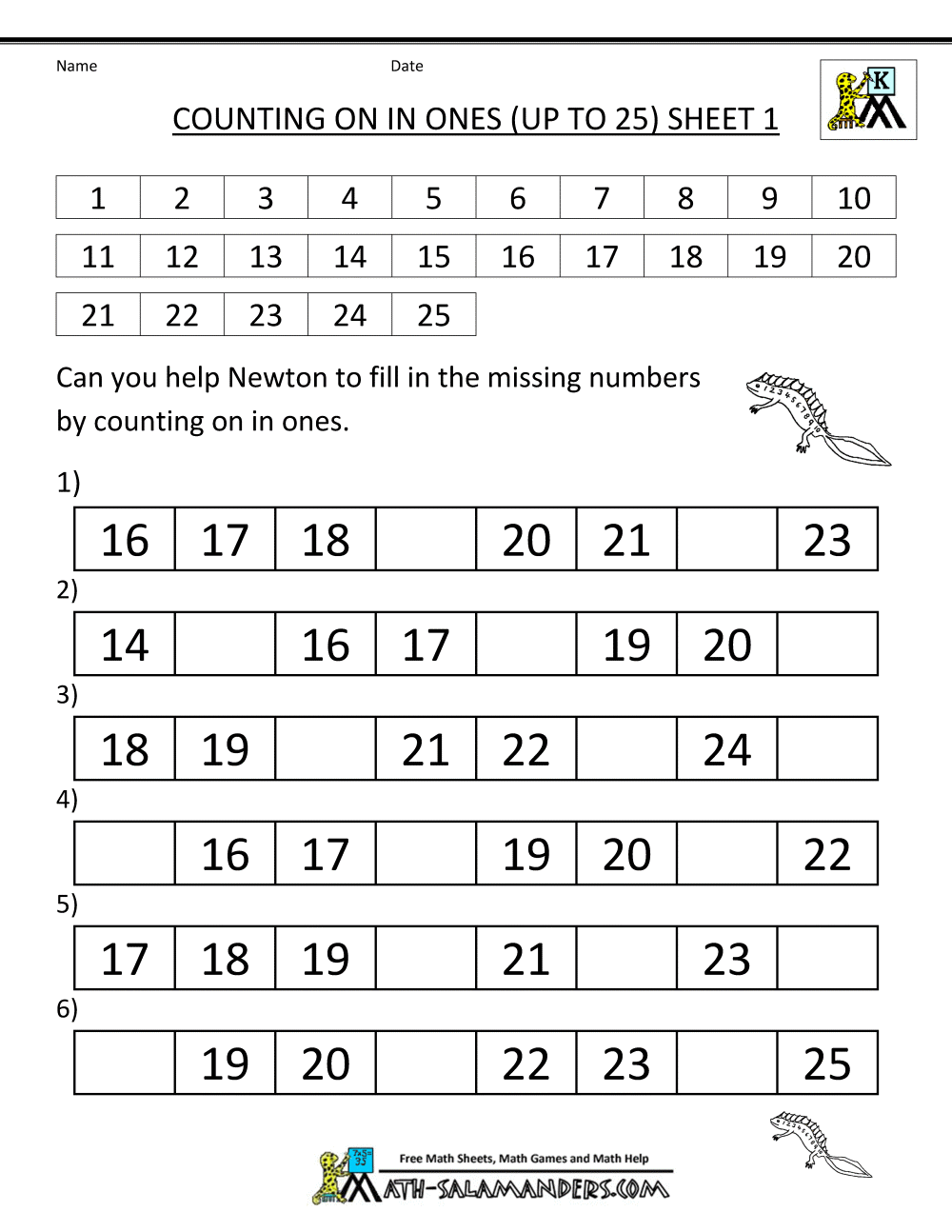 Math Worksheets Printable Counting On In 1s To 25 1