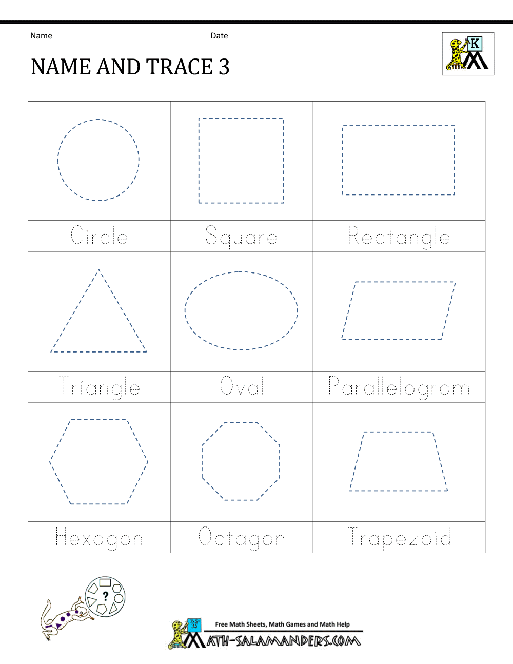 Math Worksheets Shape Tracing Kindergarten Name And Trace