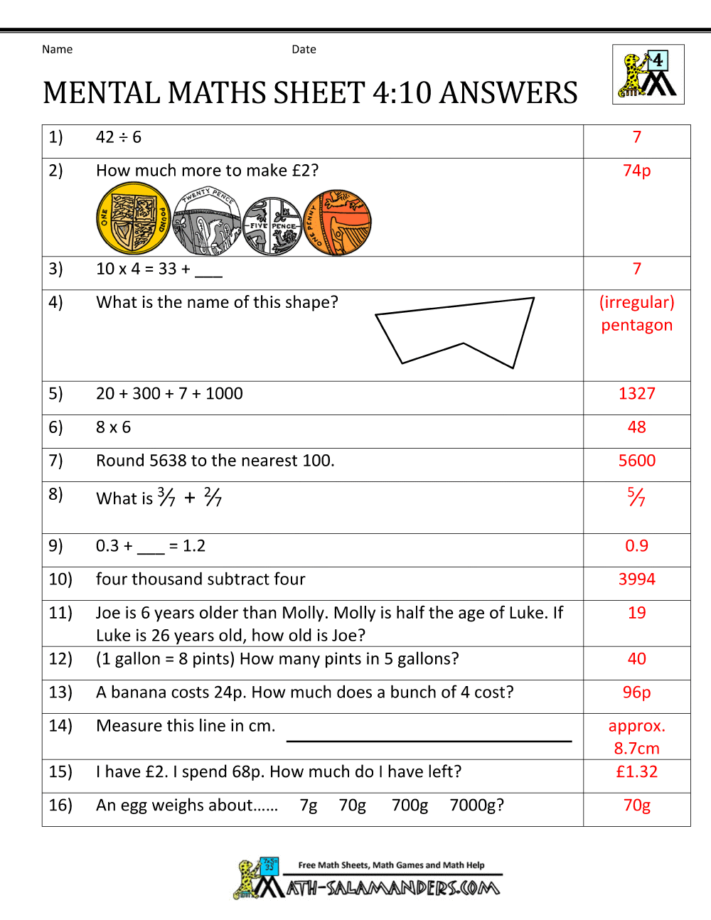 Maths Test Year 4 Worksheets