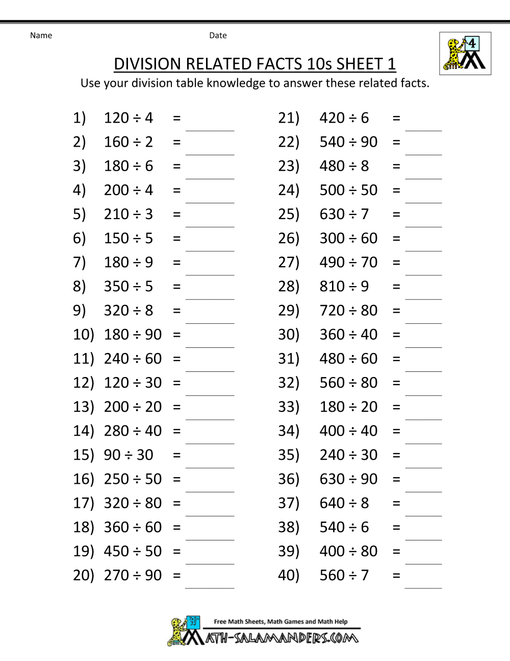 Multiplication Facts Worksheets 4th Grade Math Drills Free Table