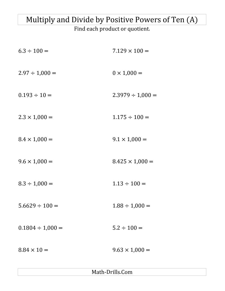 Multiplying And Dividing Decimals By Positive Powers Of Ten