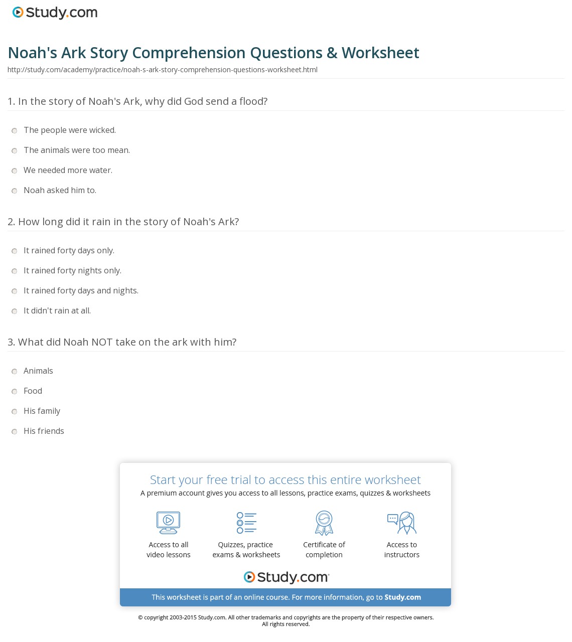 Noah's Ark Story Comprehension Questions & Worksheet