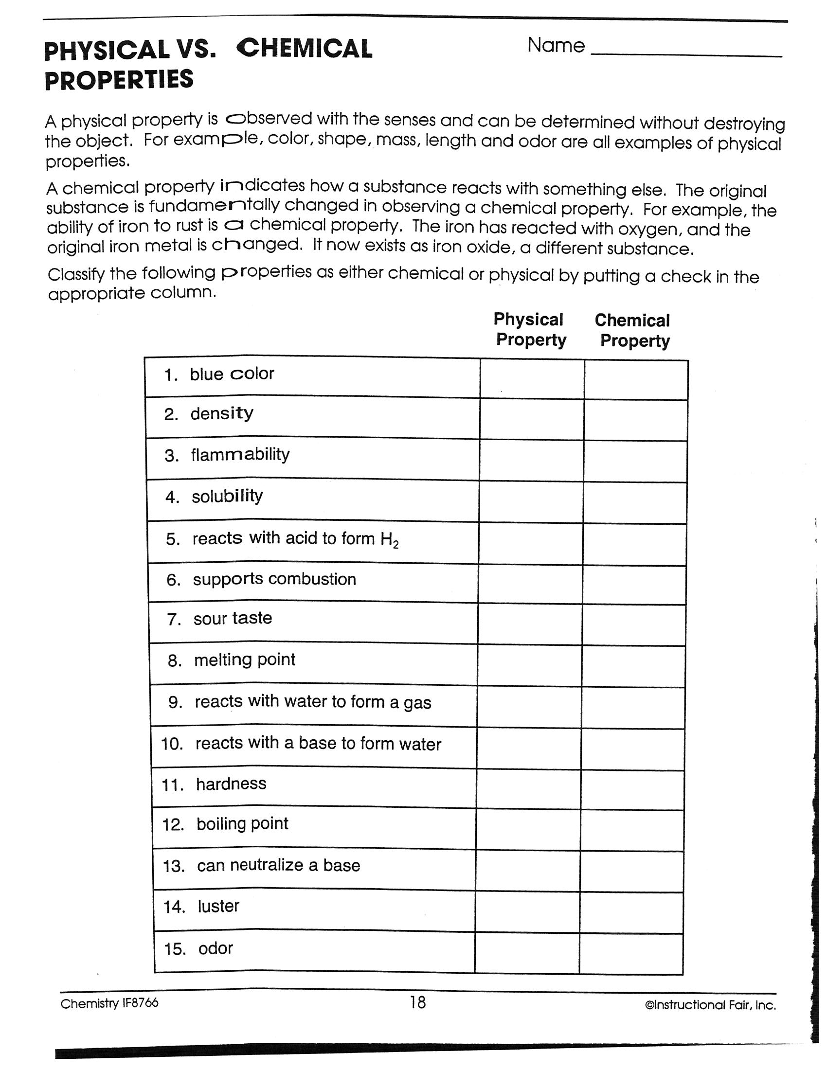 Physical And Chemical Properties Worksheet Physical Science A The