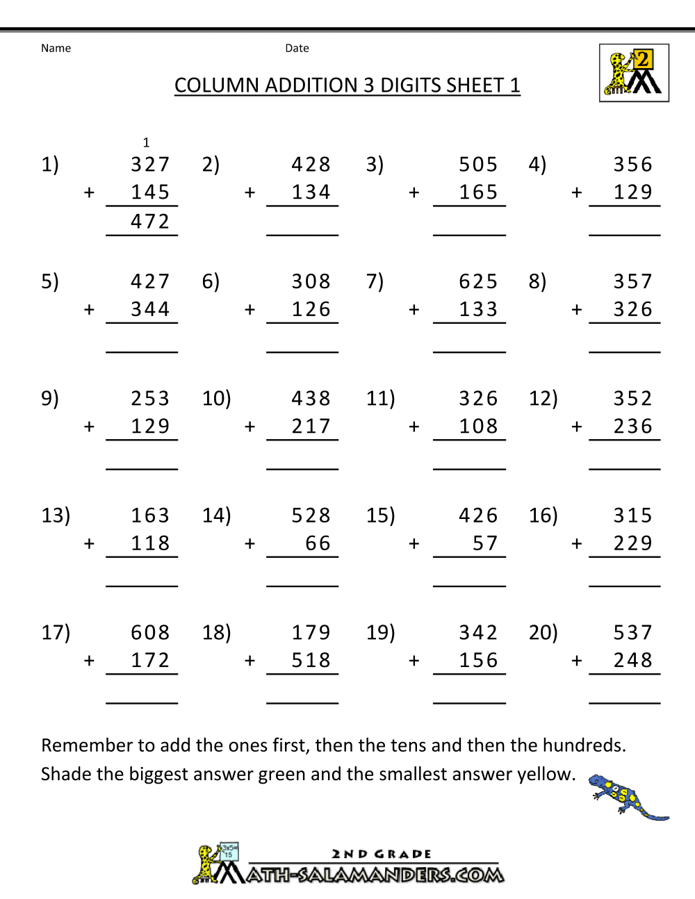 Printable Addition Worksheets 3 Digits Maths For Grade Fractions