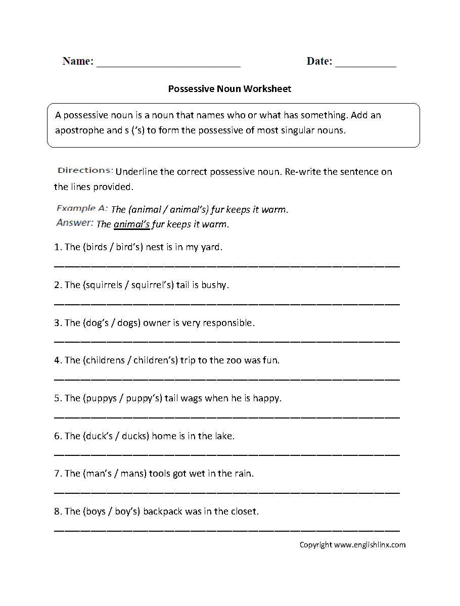 Singular Possessive Nouns Worksheets 4th Grade Worksheets For All