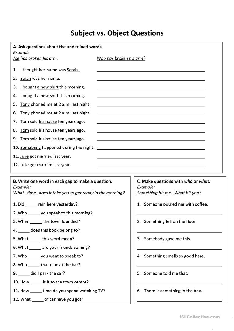 Subject Vs  Object Questions Worksheet