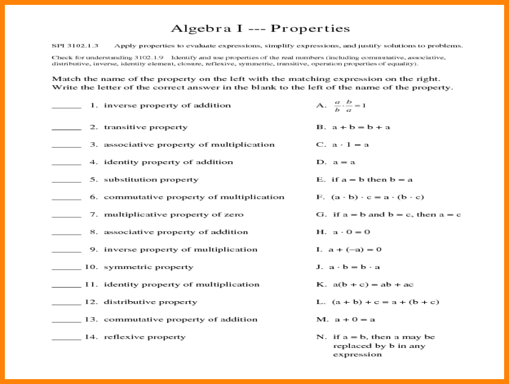 Worksheet  Mathematical Properties Worksheets  Brunokone Worksheet