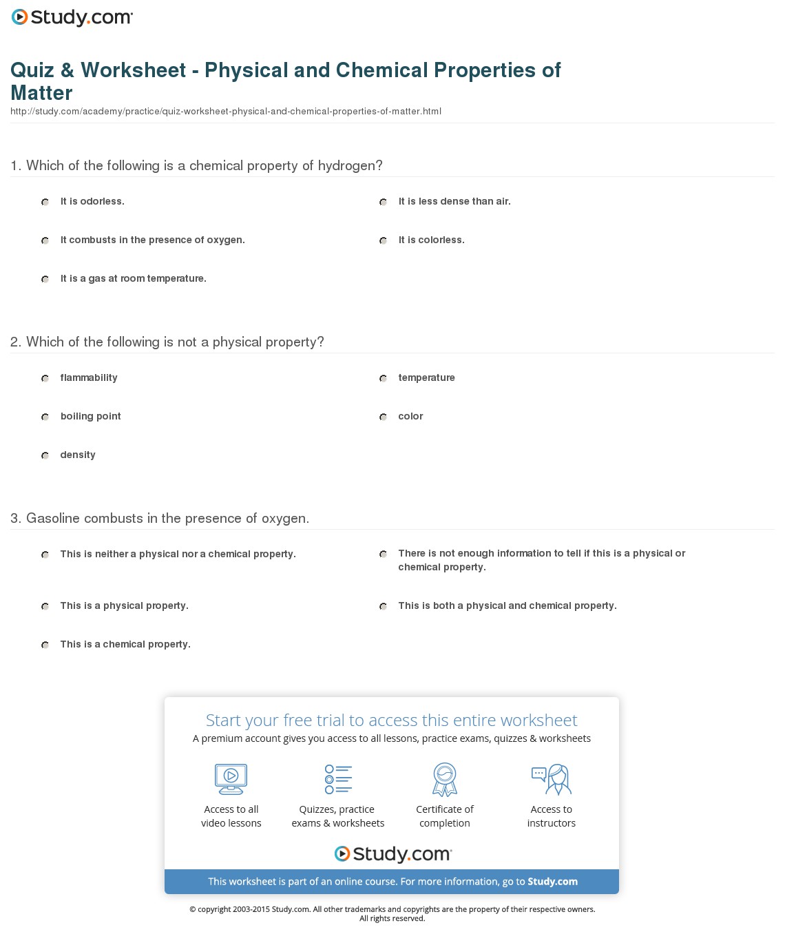 Worksheet  Physical And Chemical Properties Of Matter Worksheet