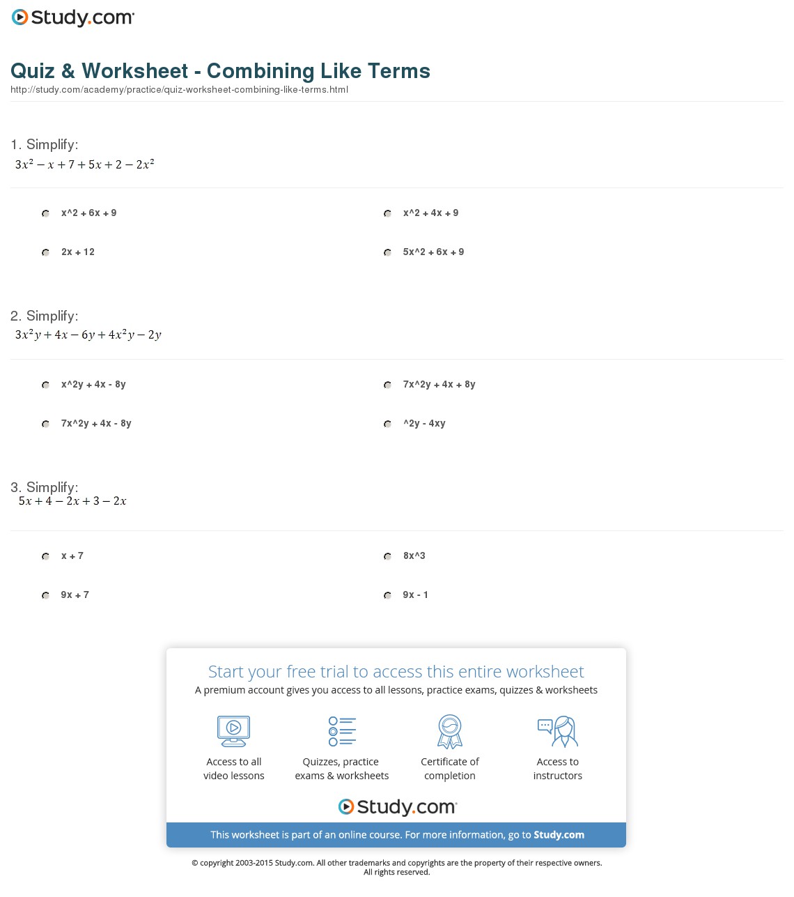 Worksheet  Worksheet On Combining Like Terms  Grass Fedjp