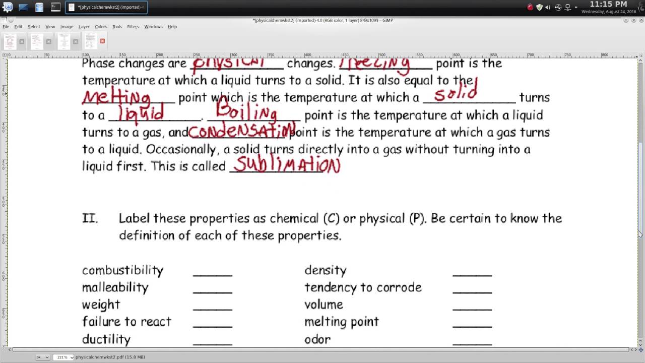 Worksheet On Chemical Vs Physical Properties And Changes Answers