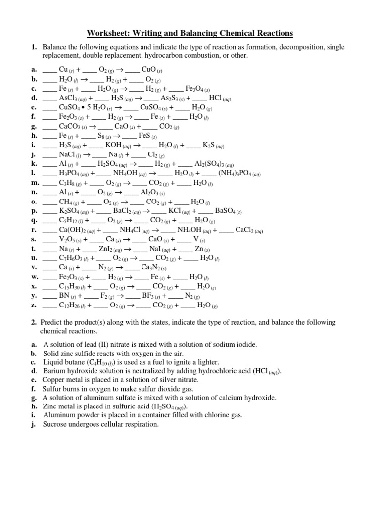 Writing And Balancing Chemical Equations Worksheet Answers