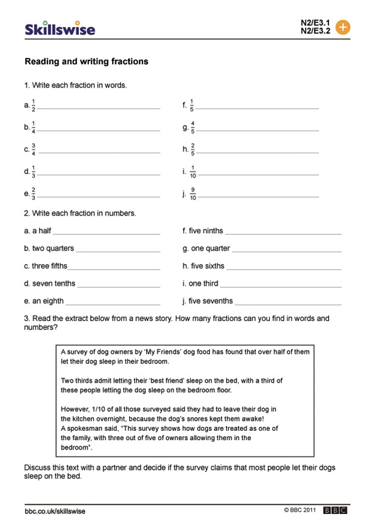 Writing Fractions In Words Worksheets Ma17frac W Reading And