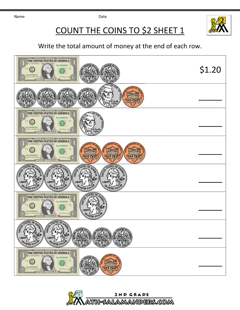 2nd Grade Money Worksheets Up To $2