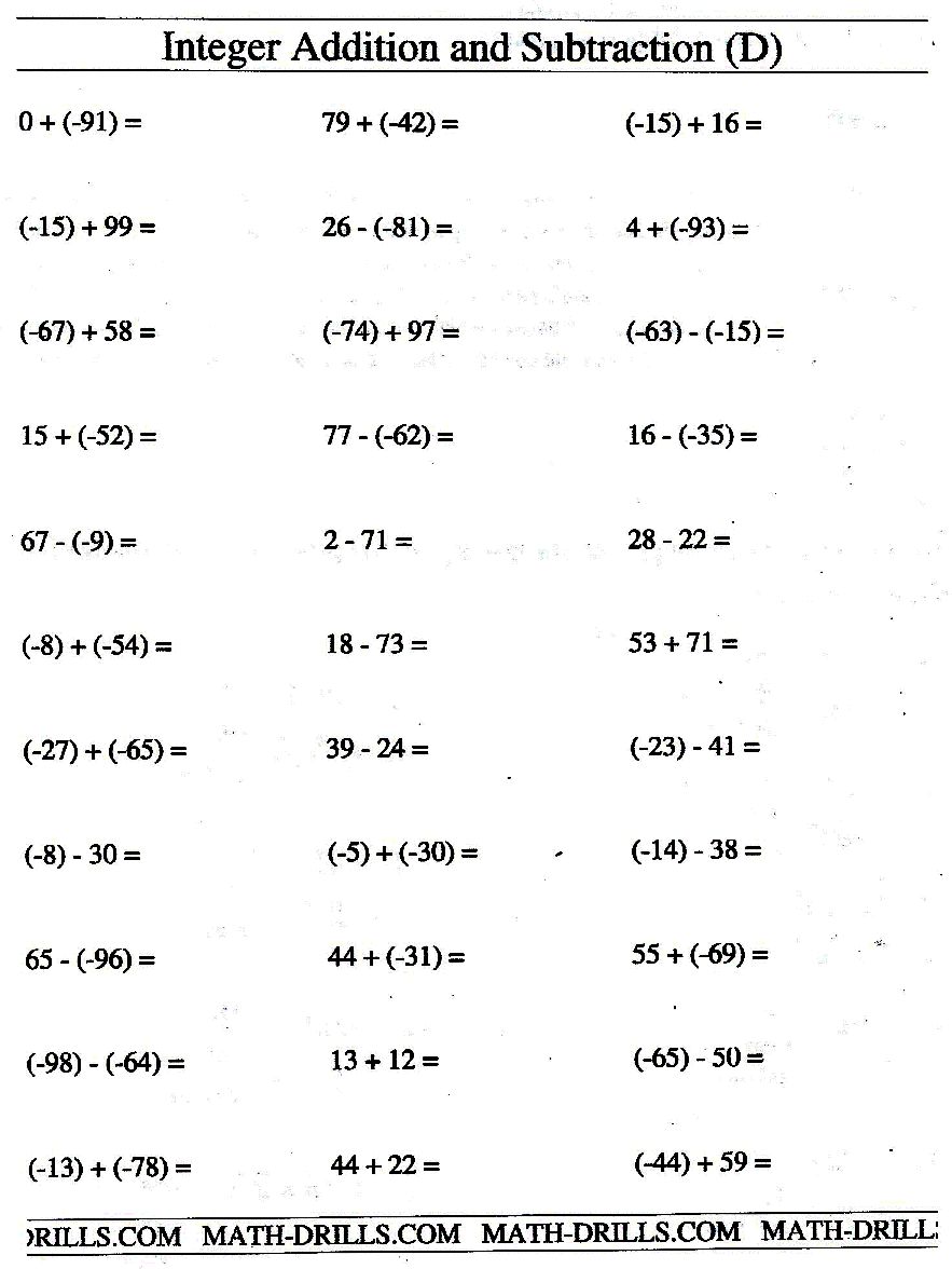 Adding And Subtracting Integers Worksheet 7th Grade Worksheets For