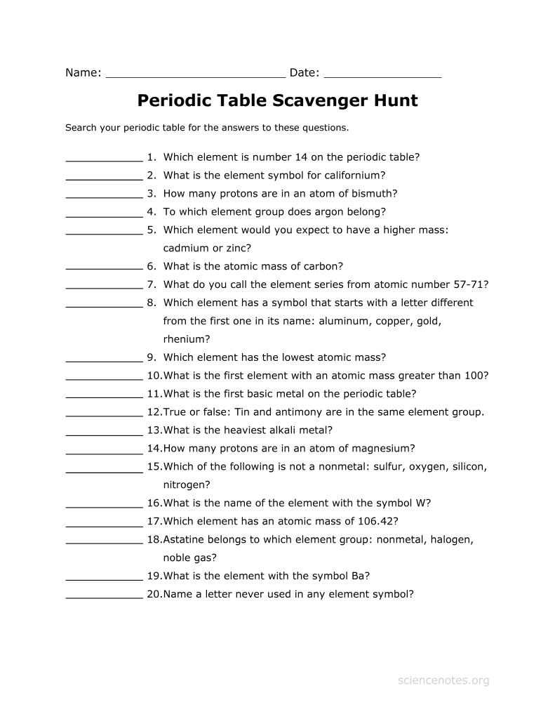 Agreeable Hunting Test Questions For Periodic Table Scavenger Hunt